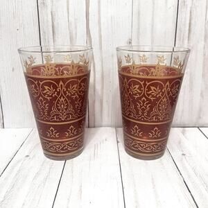 Vintage Kiss That Frog Gold Fleur De Lis Tumblers Cranberry Red Barware Set of 2